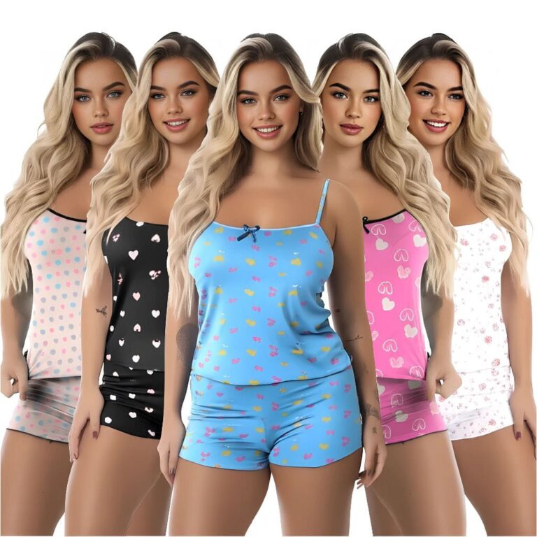 Kit 4 Peças Pijama Feminino Baby Doll Short Doll Estampado Sem Bojo Roupa Dormir 2 Shorts + 2 Blusas